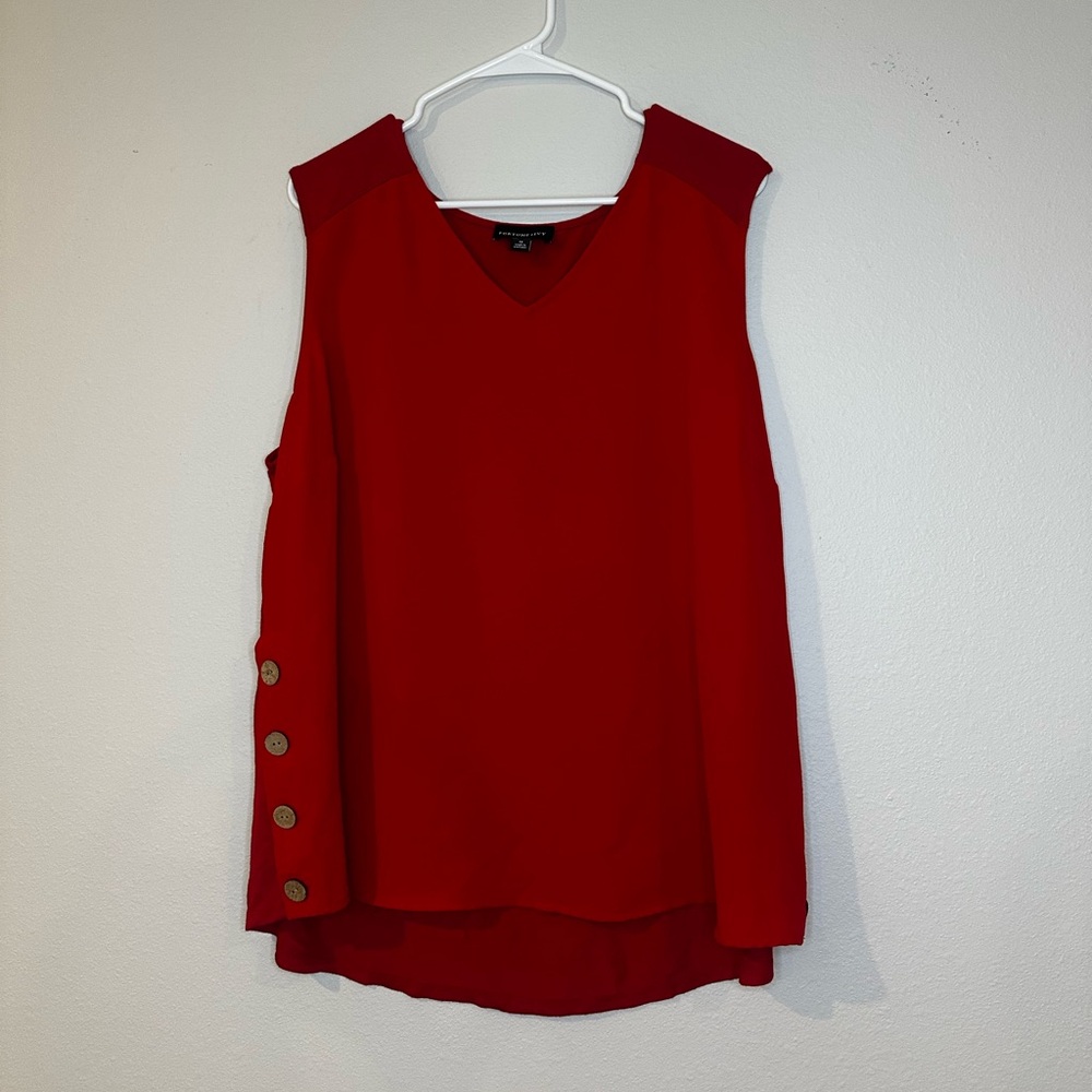 Women’s Red Lagenlook Tank Top 1X with gold button accents.
